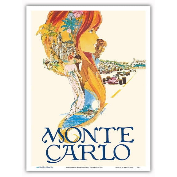 Monte Carlo - Monaco Grand Prix Formula One - Grand Casino - Vintage Travel Poster by Steve Carpenter c.1969 - Master Art Print (Unframed) 9in x 12in