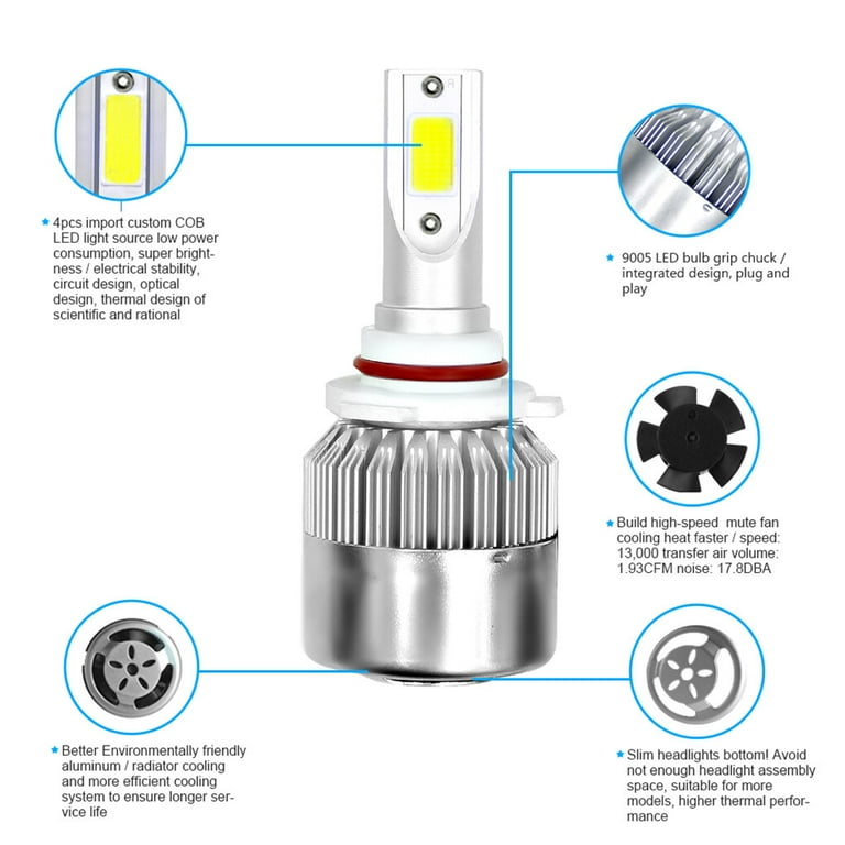 C6 High Brightness 6000K LED Car Headlight Bulbs, 72W, 12V, 7200LM