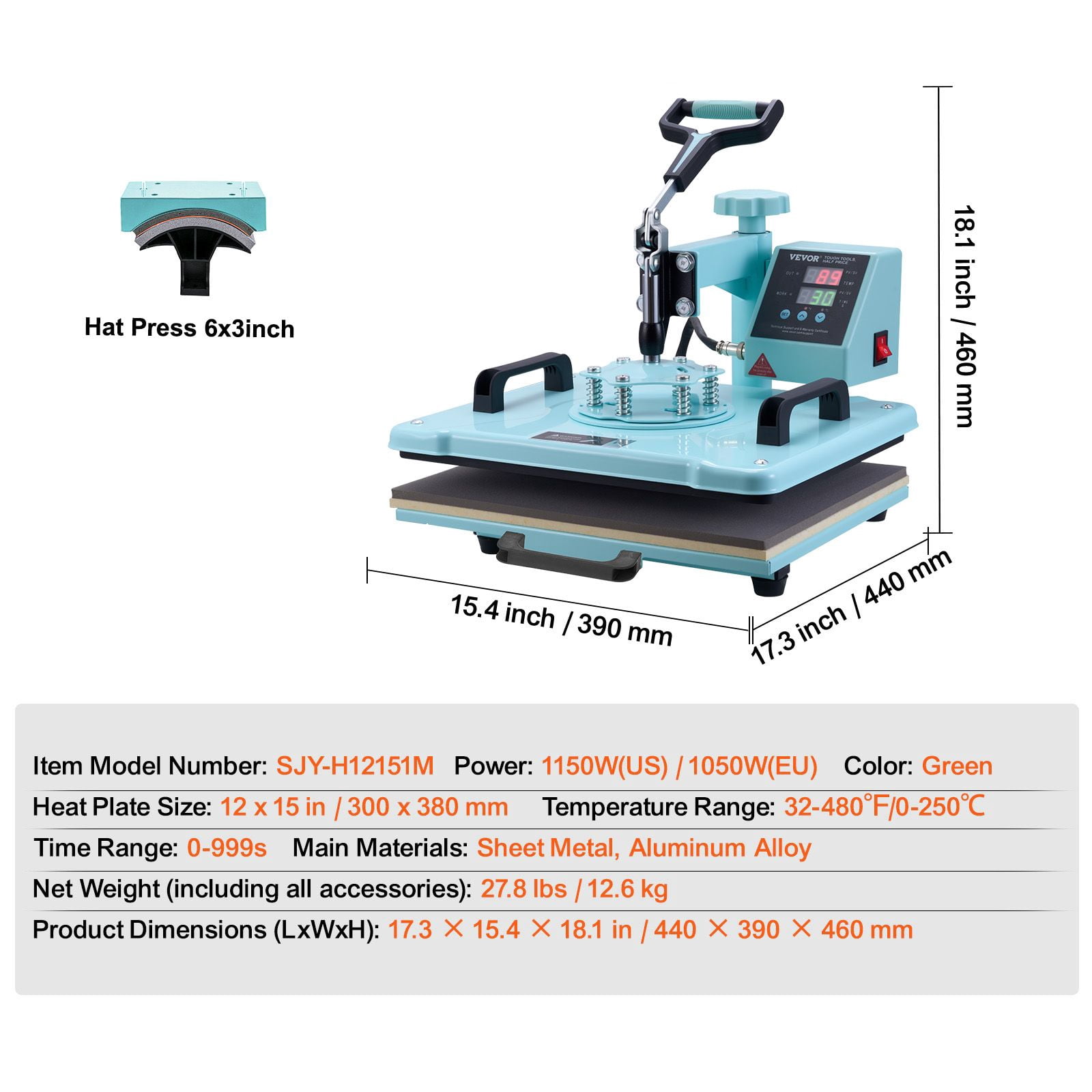 12X15 inch heat transfer machine, 2-in-1 360 degree rotation, digital temperature control T-shirt, hat hot stamping, green
