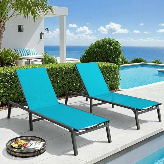 Dovov Aluminum Outdoor Chaise Lounge Chair Set of 2, Patio Folding Reclining Chair 5 Position Adjustable Lounge Chaise Assembly Free Textilene Outdoor Pool Chair