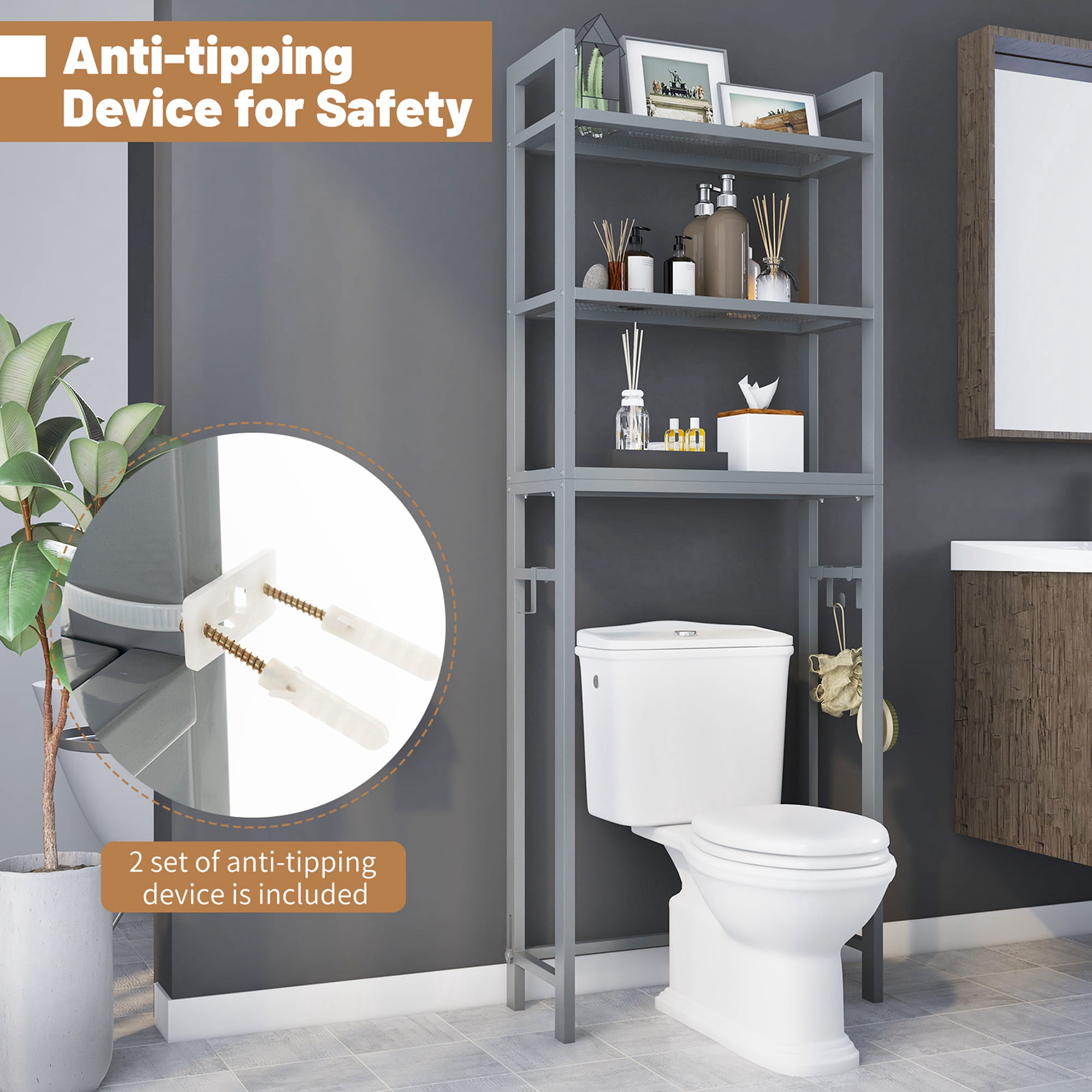Costway Over-The-Toilet Storage Shelf Space Saving Metal Bathroom Organizer Hooks Grey