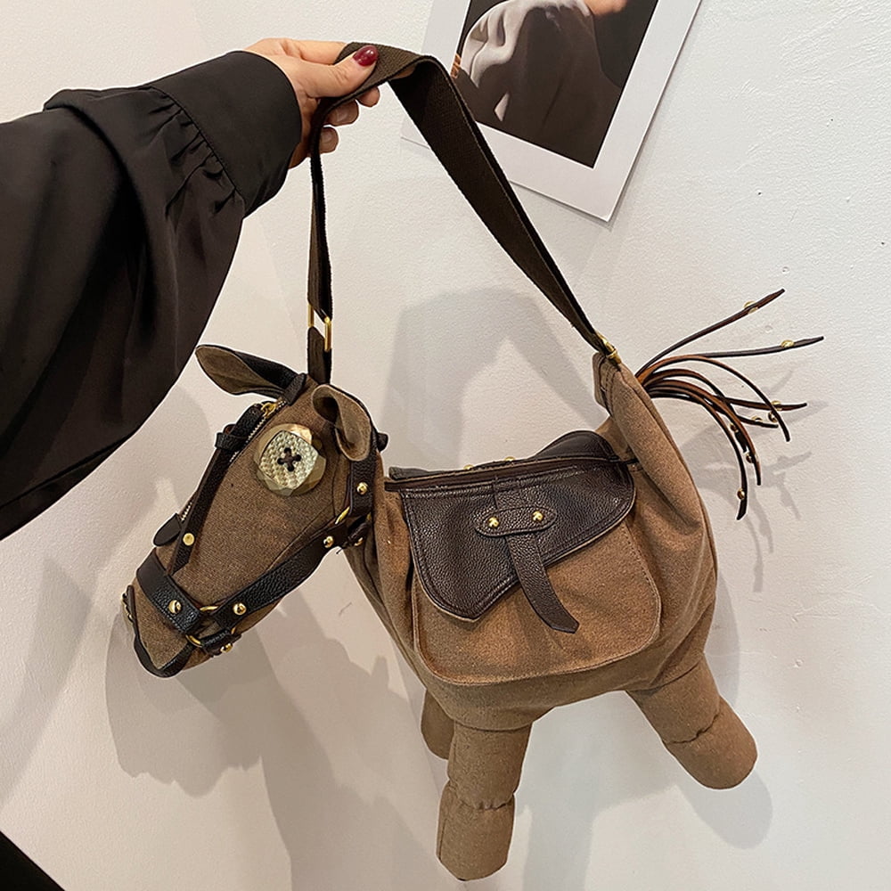 Hotpom Stylish & Unique Horse Shaped Canvas Crossbody Bag, Large Capacity Crossbody Purse, Adjustable Straps and Zipper Closure, Irregular Shape Women's Bag for Commuting, Work, Parties, Brown