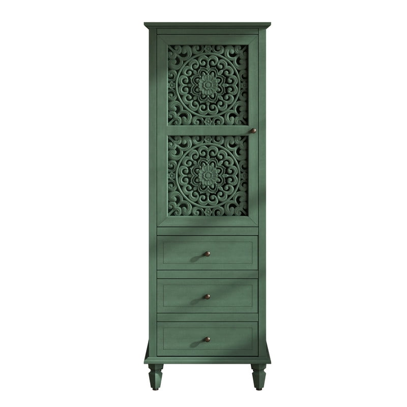 Vintage Storage Cabinet with Carved Door & 3 Drawers, Freestanding Decorative Sideboard, Display Cabinet with Adjustable Shelf