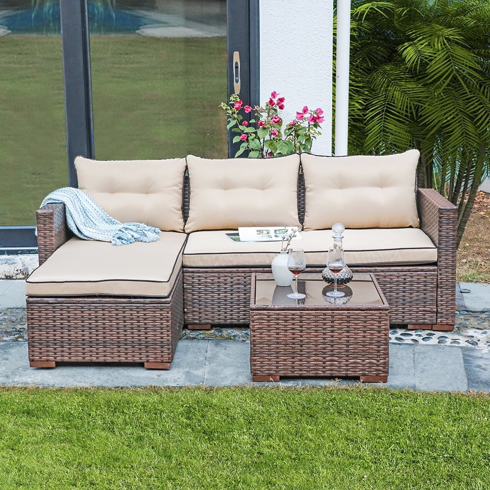 JOIVI 3 Pieces Patio Conversation Set, PE Wicker Rattan Outdoor Furniture Set, 2 Ways Small Sectional Sofa with Cushions, Tempered Glass Coffee Table, Beige