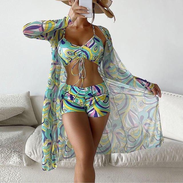 Women's 3-Piece Bikini Set with Long Sleeve Cover Up S-XL
