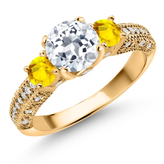 Gem Stone King 18K Yellow Gold Plated Silver White Topaz Yellow Sapphire and White Moissanite Engagement Ring for Women (2.45 Cttw, Gemstone November Birthstone, Round 7MM and 4MM, Size 6)
