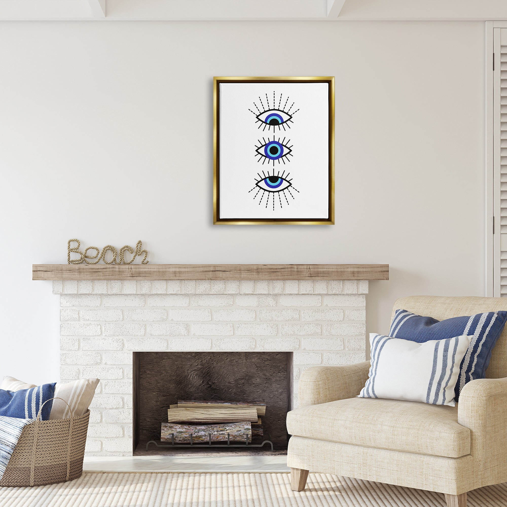 Stupell Industries Three Evil Eyes Pattern Abstract Painting Gold Floater Framed Canvas Art Print Wall Art, 25 x 31