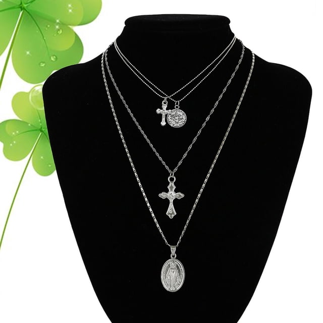 IDEANATEGRATE Collar Para Mujer Con Colgante Cruz Plateado Multilayer Y