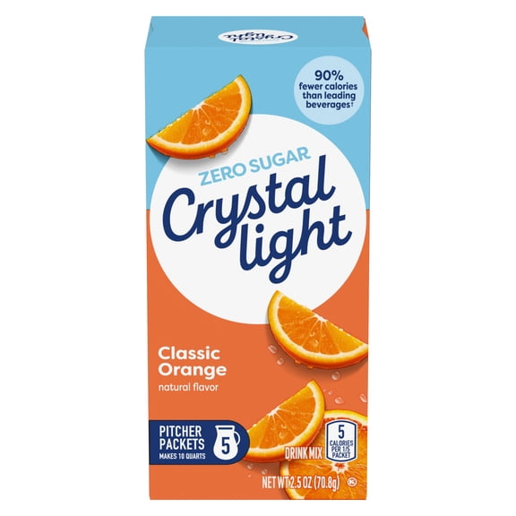 Crystal Light Drink Mix, 5 Pitcher Packets, for Flavorful Hydration and Shareable Refreshment, Classic Orange Natural Flavor, Zero Sugar, Low Calorie, 2.5 oz