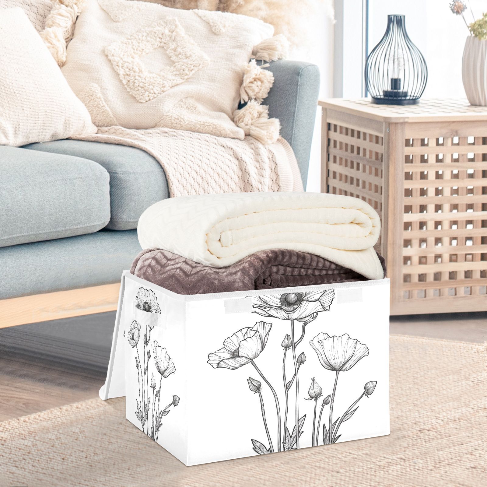 Black Line Flowers Storage Basket for Shelves Foldable Container Organizer for Organizing Toys Clothes Books with Handles