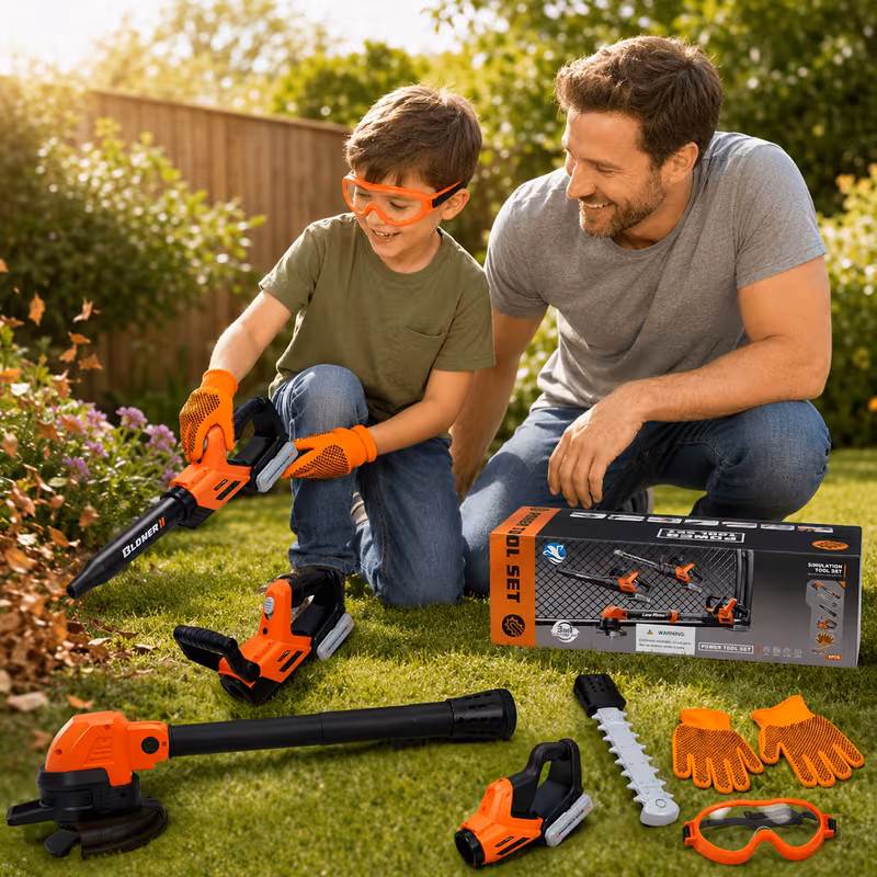3-In-1 Electric Kids Gardening Tool Set, Pretend Play Lawn Mower Leaf Blower Hedge Trimmer Toy with Sound Effects for Boys Girls Ages 3