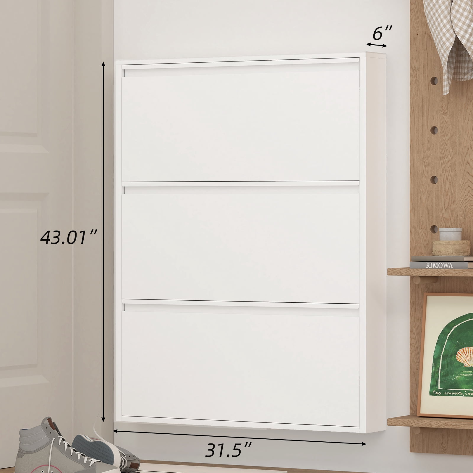 Shoe Cabinet with 3 Flip Drawers, Wall Mounted Shoe Organizer, Narrow Slim Hidden Shoe Rack for Entryway, White