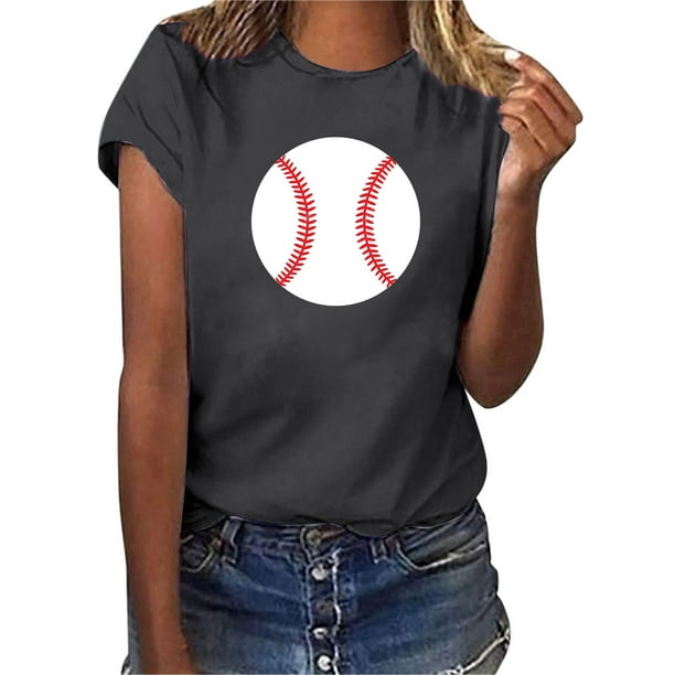 Gibobby Playera de Manga Corta Casual Suave Mujeres Casual Béisbol Impresión Mangas Cuello Redondo Camiseta Suelta Blusa Tops(Gris oscuro,CH)