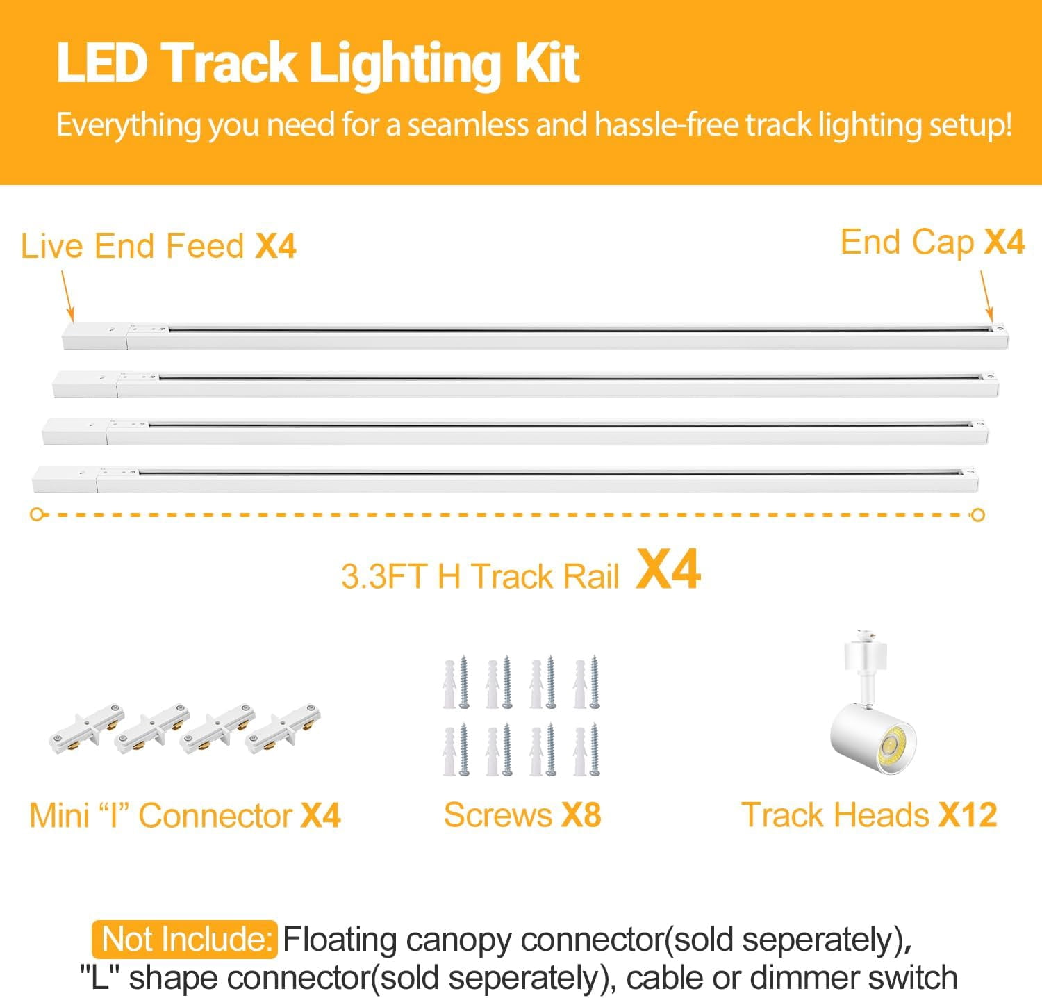VANoopee 5-Color 12-Light LED Track Lighting Kit with 13FT H Type Track Lighting Rail LED Track Light Heads Dimmable Modern Kitchen Track Lighting Fixtures Ceiling Spotlight, CRI90+ 10W 800lm White