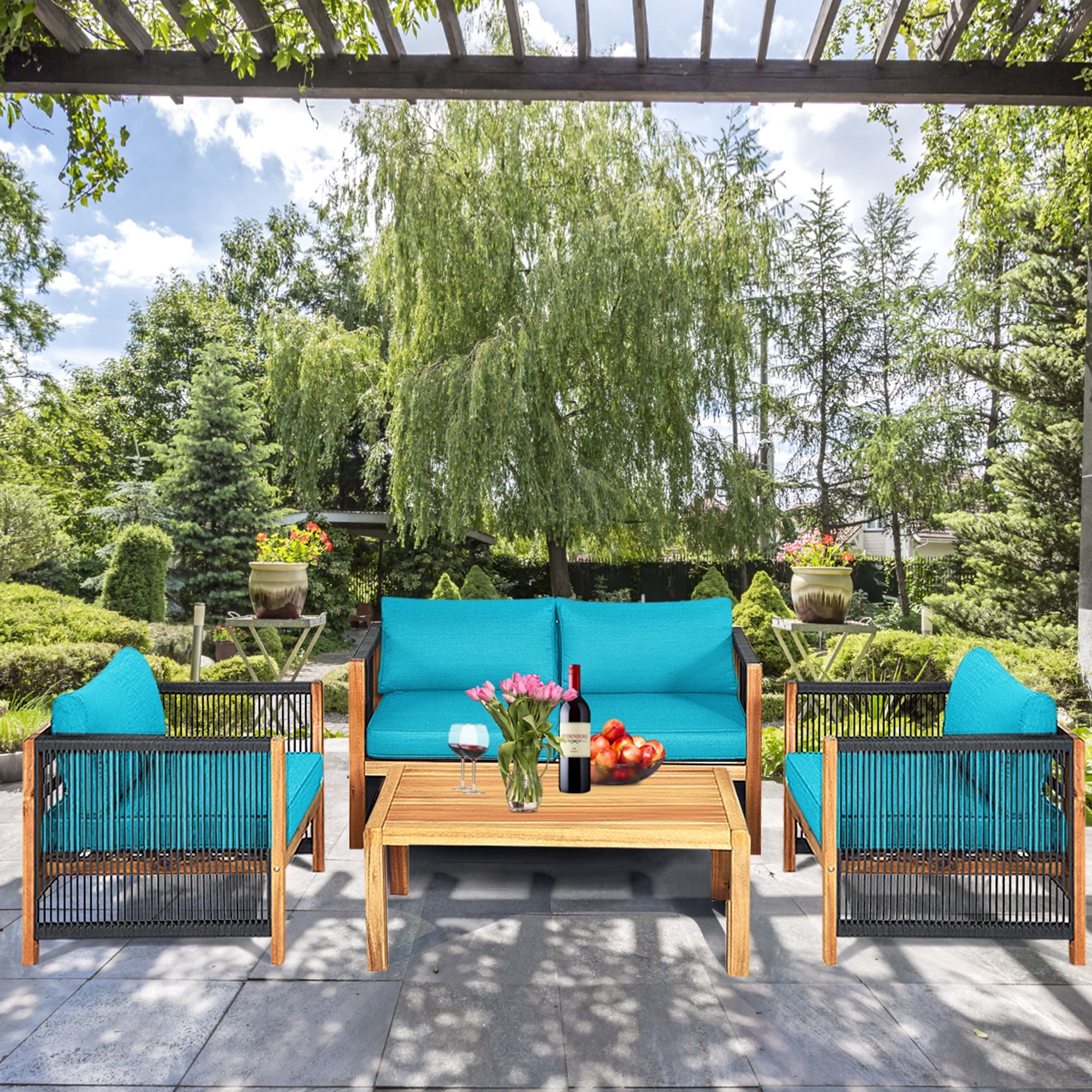 Gymax 8PCS Acacia Wood Outdoor Patio Furniture Conversation Set W/ Turquoise Cushions