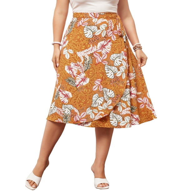 Faldas envolventes bohemias florales de talla grande para mujeres Agnes Orinda, falda midi con corte en A, dobladillo rizado chic, cintura alta 3X naranja
