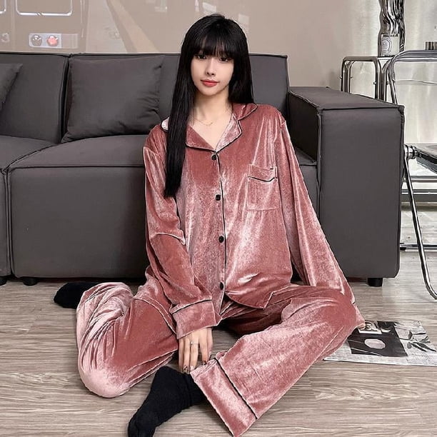 Pijamas de pareja de manga larga de otoño e invierno, pijamas de mujer de color sólido de terciopelo dorado de talla grande, conjunto de ropa sencilla para el hogar
