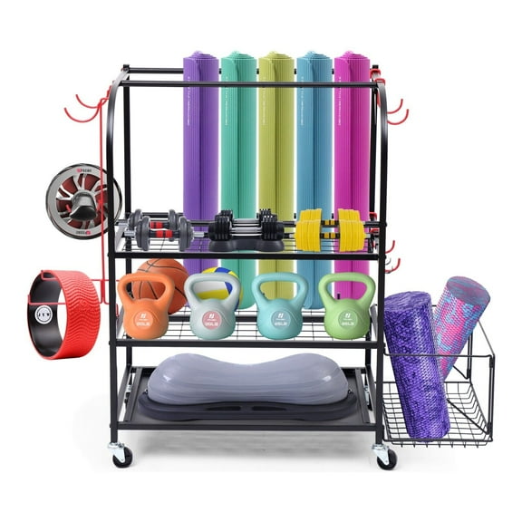 Sports Equipment Storage Organizer, Garage Storage System, Ball Storage Rack, Yoga Mat Storage with Hooks and Basket