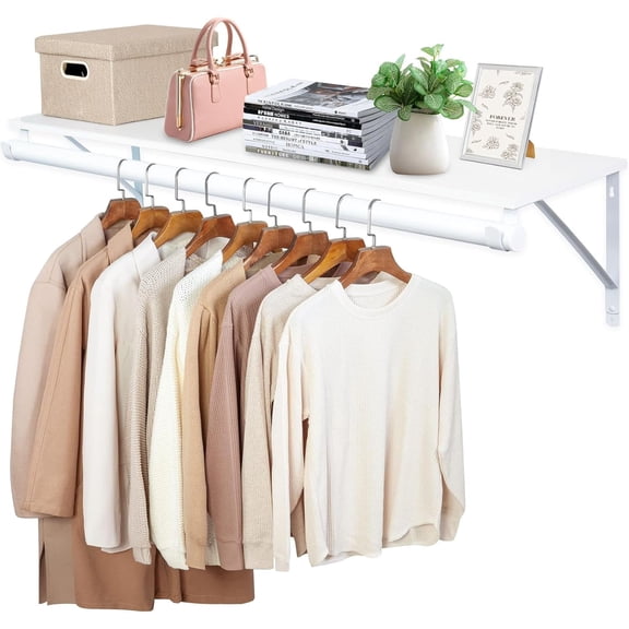 Closet Shelf with Hanging Rod, 47.2in Wall Mounted Clothes Rack with Top Shelf, Walk in Closet System, Heavy Duty Shelf with Hanging Rod for Laundry Room, Closet Storage, Garage, White