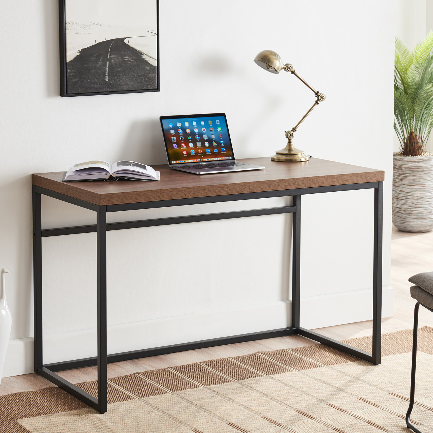 CENSI 47" Computer Desk, Modern Industrial Writing Table with 1.6" Thick Wood Top, Sturdy Metal Frame Home Office Workstation for Study, Bedroom & Living Room, Walnut