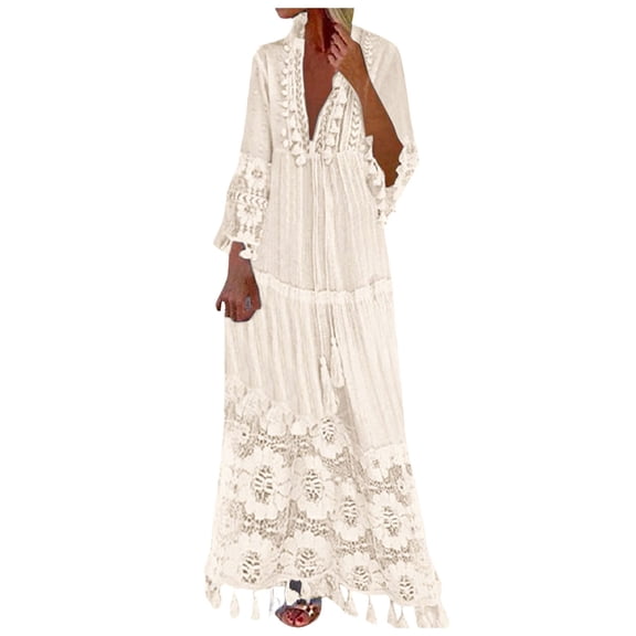 Wsysadlol Women Dresses Casual Maxi Casual V Neck Long Sleeve Boho Floral Lace Maxi Dress Flowy Wedding Guest Holiday Beach Long Dress,Beige,Xxl