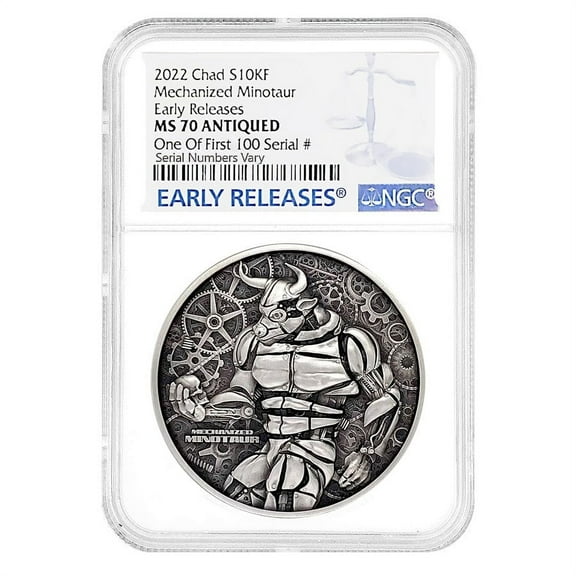 2022 Chad 2 oz Silver Mechanized Minotaur Coin NGC MS 70 ER One of First 100