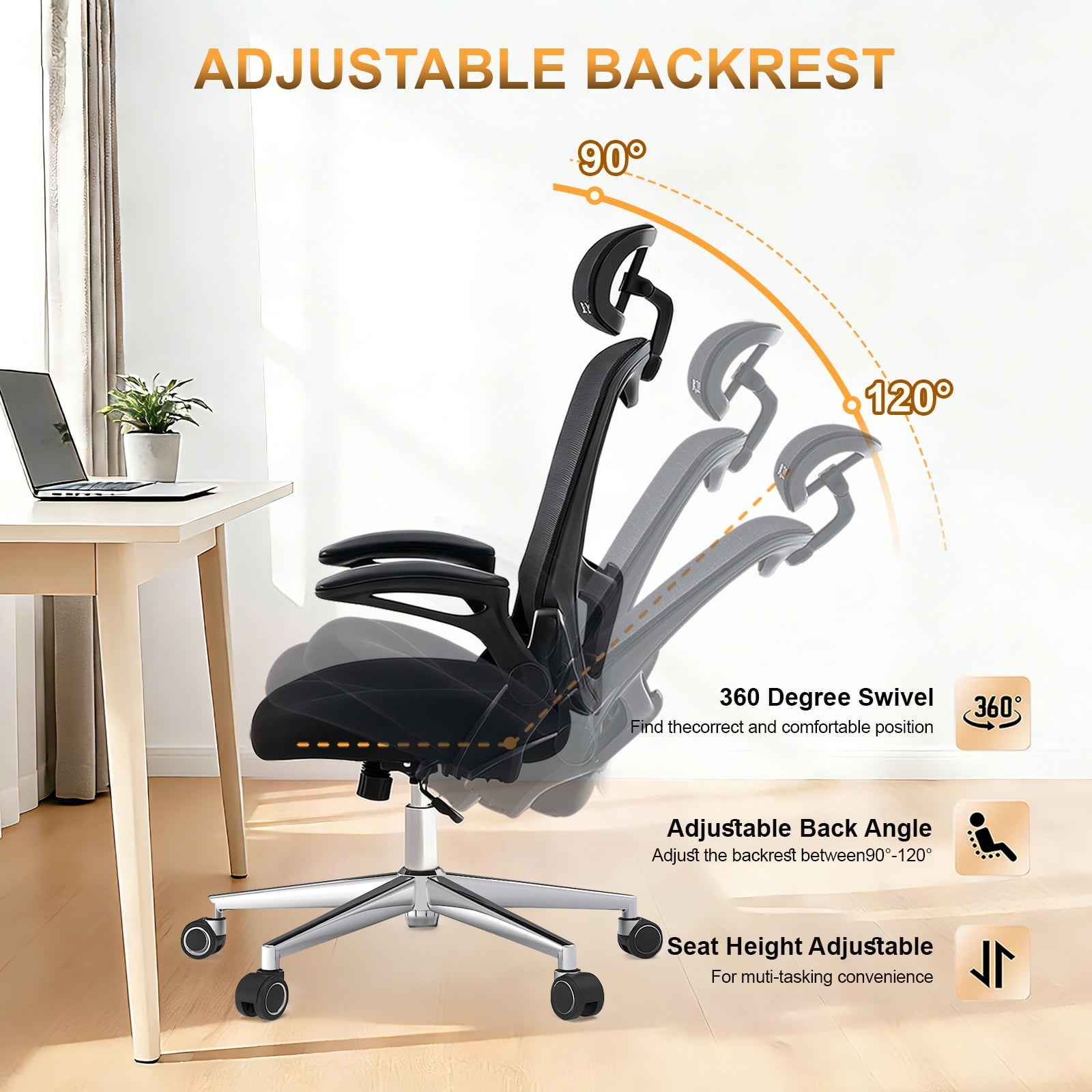 Office Chair, Ergonomic Breathable Mesh,Flip-Up Arms and Adjustable High Back Lumbar Support,Comfy Computer Chair for Home Office
