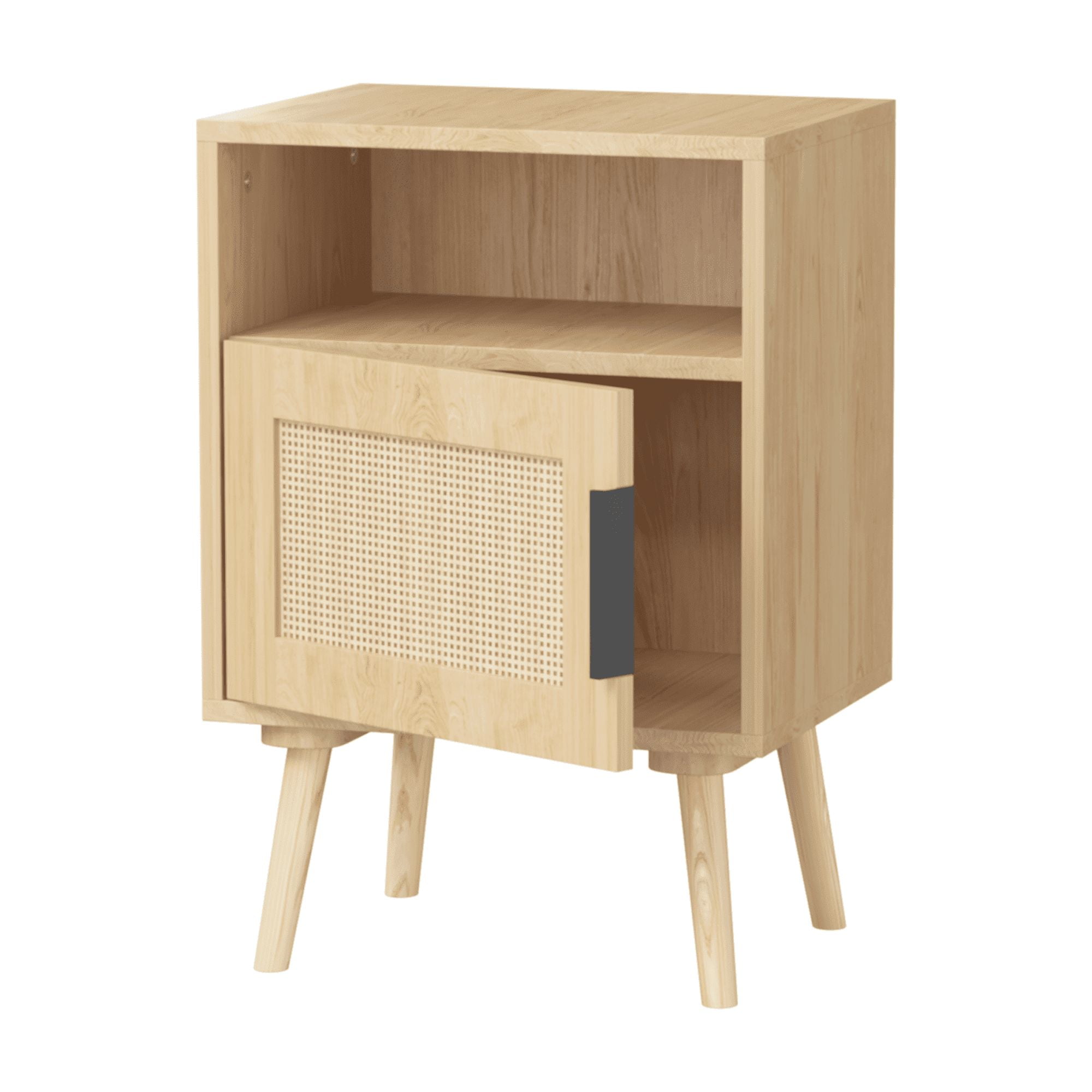 Nightstand, Side Table with Rattan Door and Open Storage Shelf, Solid Wood Legs Design for Bedroom and Dorm Small Spaces, 15.75x11.81 Inch Oak