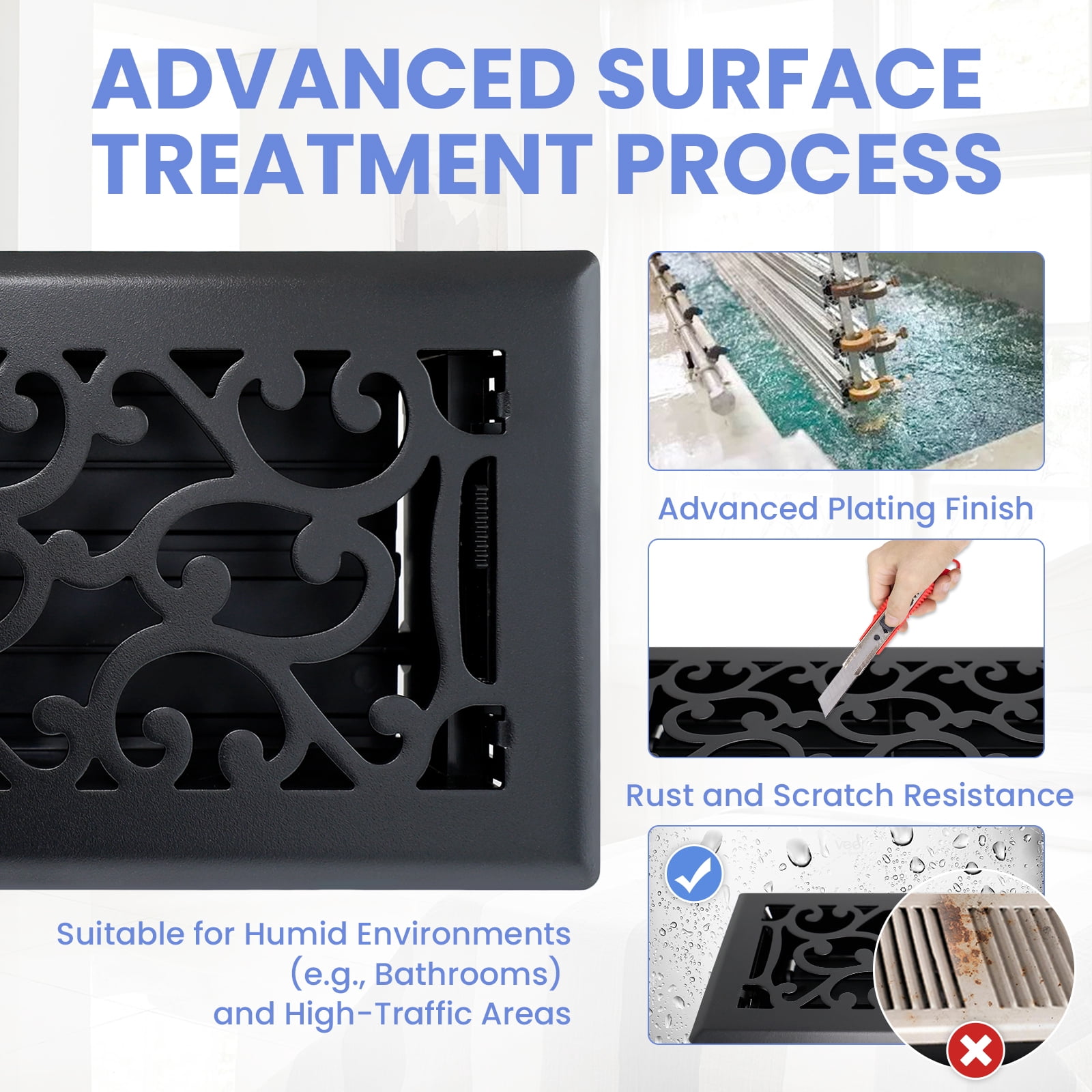 4x12 Inches Heavy Duty Walkable Floor Register - Easy Adjust Air Supply Lever Decorative Floor Vent Covers - Savannah Design Vent Covers for Home - Antique Brass - Matte Black