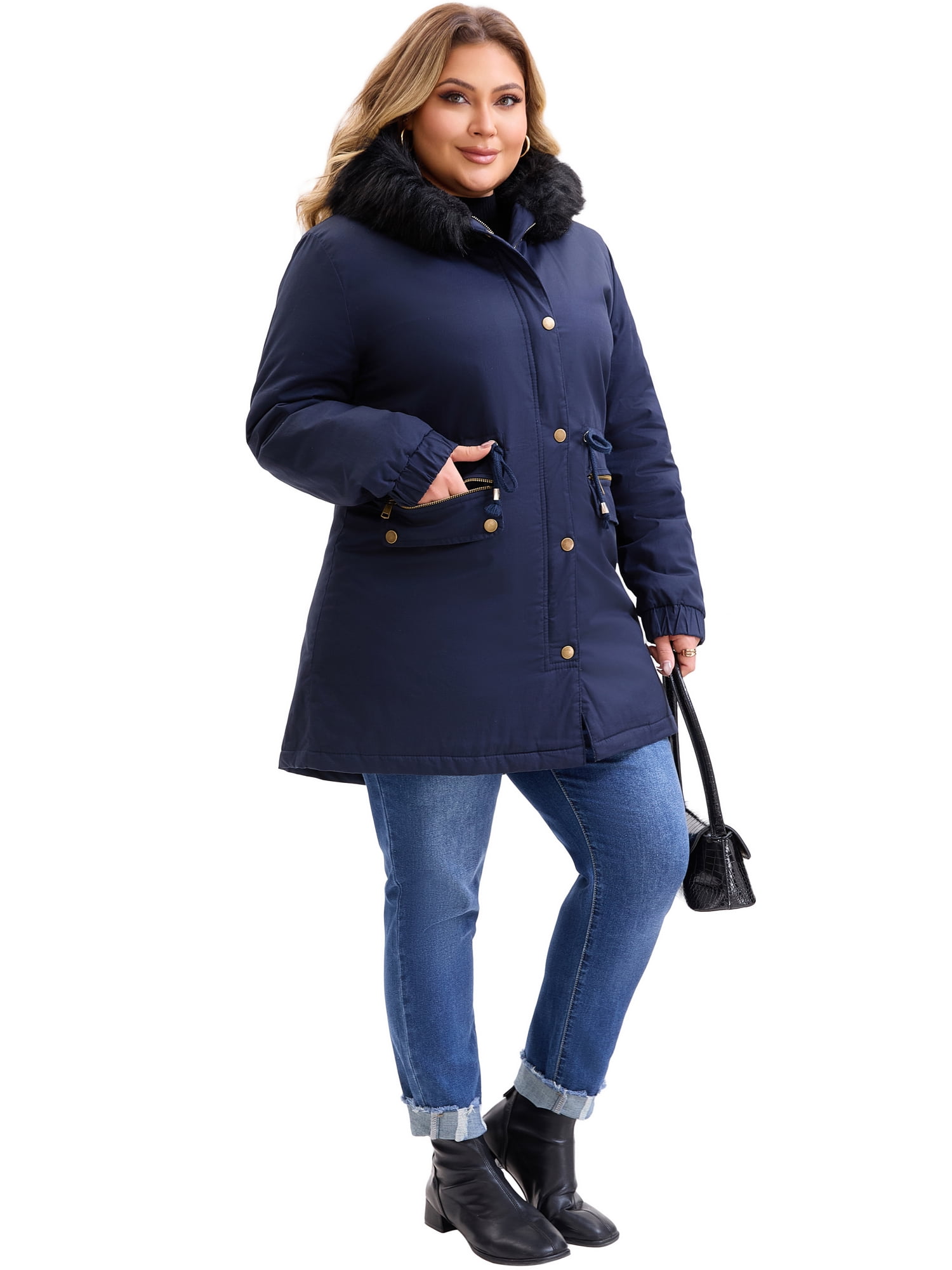 DARING DIVA Women's Plus Parka Jacket Zipper Up Fleece Windbreaker with Pocket 2X Blue