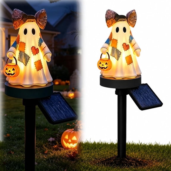 Lighted Vintage Patchwork Ghost,Halloween Light Up Ghost with Pumpkin Lantern, 2027 Rustic Fall Figurine Decoration for Mantel Shelf Entryway Porch (Patchwork Ghost（A), Touch