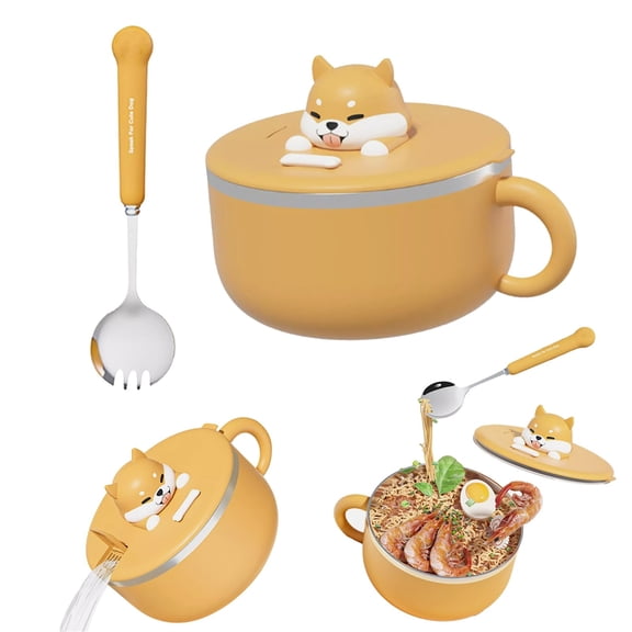 Cute Dog Ramen Bowl with Lid, 40.6 OZ (1200ml) Insulated 304 Stainless Steel Noodle and Soup Bowls with Handle, Spoon, Portable Instant for Noodles, Udon, Miso, Thai, Pho, Dumplings, or Salads