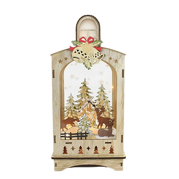 Christmas Lantern Winter Scene Plywood Led Trees Bells Snow Mx181245 Deer