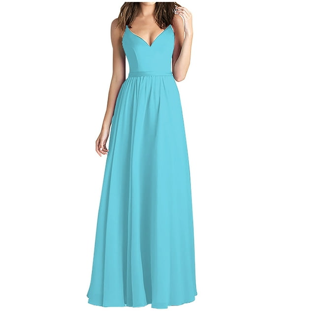 AherBiu Robe Longue Formelle pour Femmes Sans Manches à Col en V Plissée à Volants pour Soirée, Fête, Cocktail