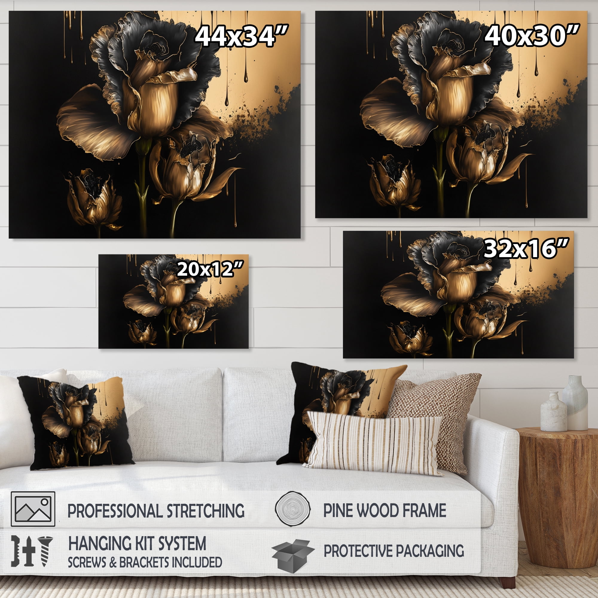 Designart Black And Gold Gladiolus I Canvas Wall Art