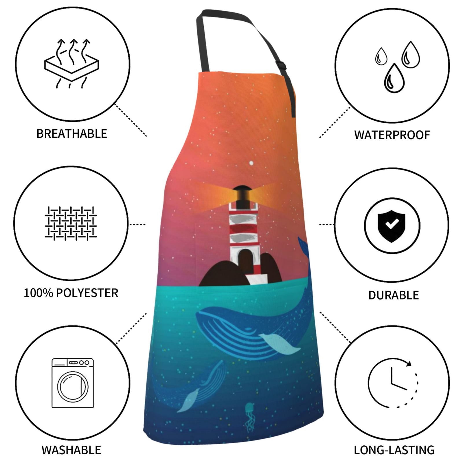 Kdxio Lighthouse and Whale Apron with Pockets Adjustable Kitchen Aprons for Men Women Waterproof Aprons for Cooking,Drawing,Crafting, Baking Household Cleaning