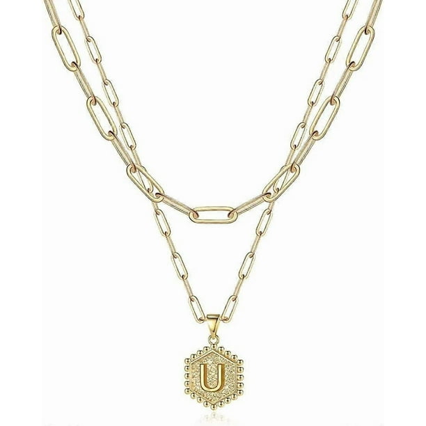 Dainty Layered Initial Necklaces for Women, 14K Gold Plated Paperclip Chain Necklace Simple Cute Hexagon Letter Pendant Initial Choker Necklace Gold L