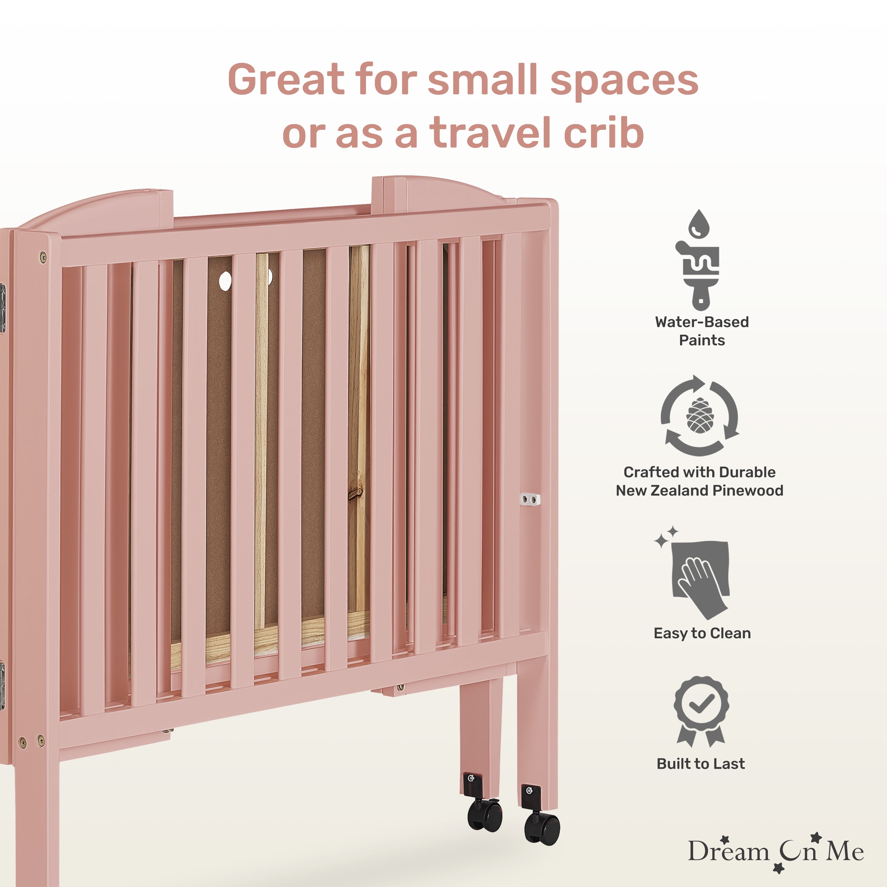 Dream On Me 2-in-1 Folding Portable Mini Crib in Dusty Pink, Mattress Pad Included, Easy to Fold and Store Baby Crib, Two Adjustable Mattress Height positions Convertible Crib