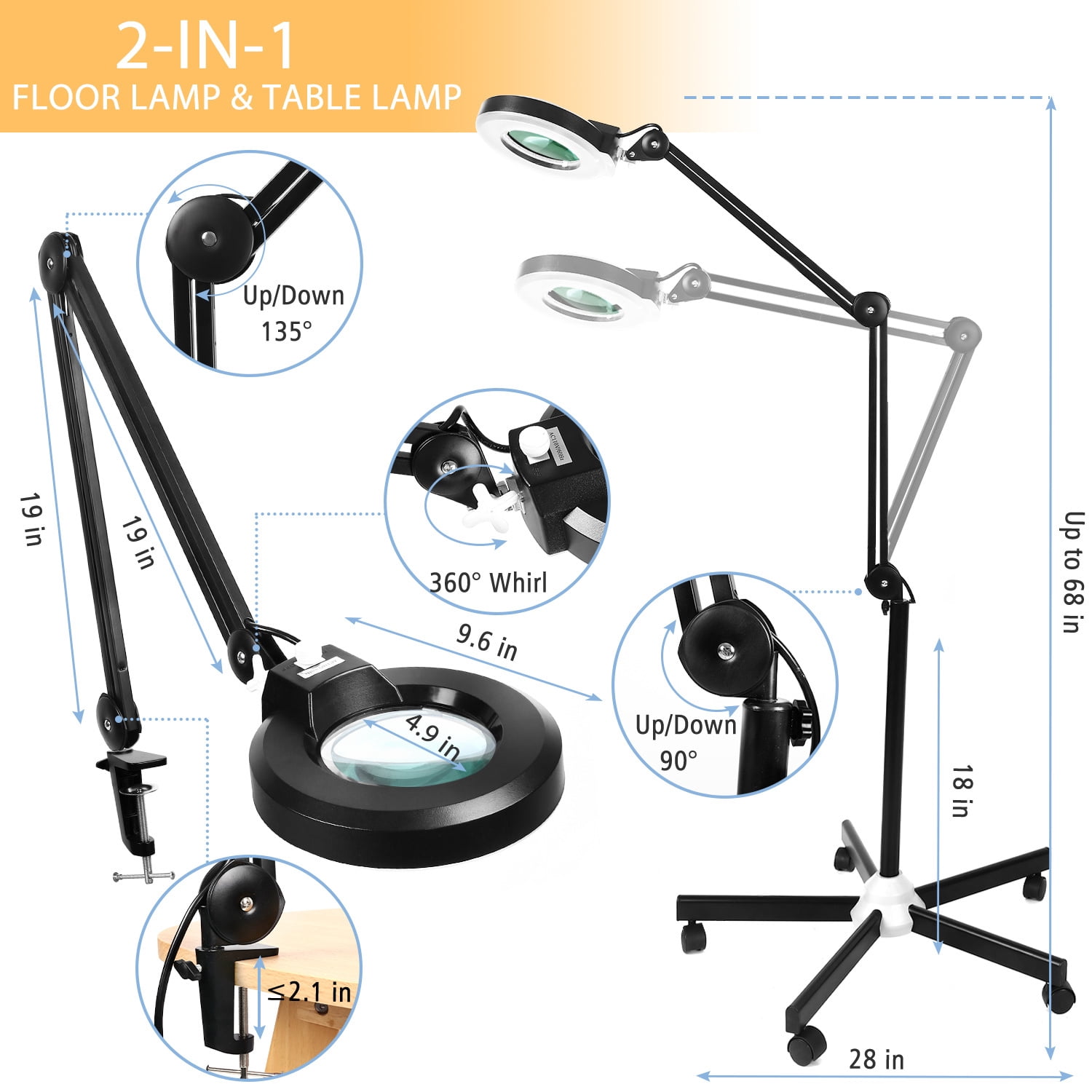 MagnieOpti Super Bright 2,200 Lumens Magnifying Glass with Light and Stand, Floor Lamp with 5 Wheels Rolling Base for Lash Estheticians, Stepless Dimmable, LED Lighted Magnifier for Sewing Crafts