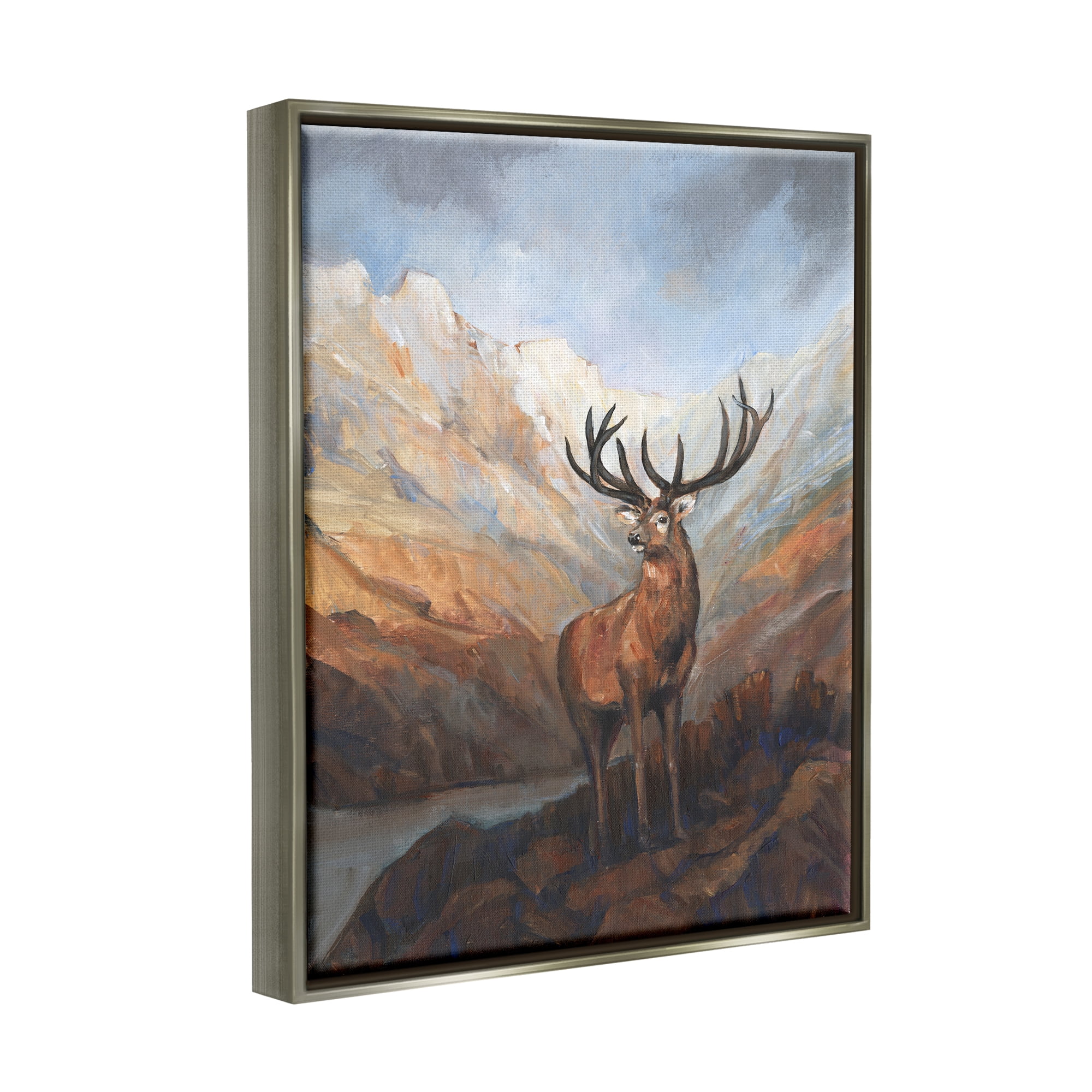 Stupell Wild Deer Breathtaking Mountain View Animals & Insects Painting Gray Floater Framed Art Print Wall Art