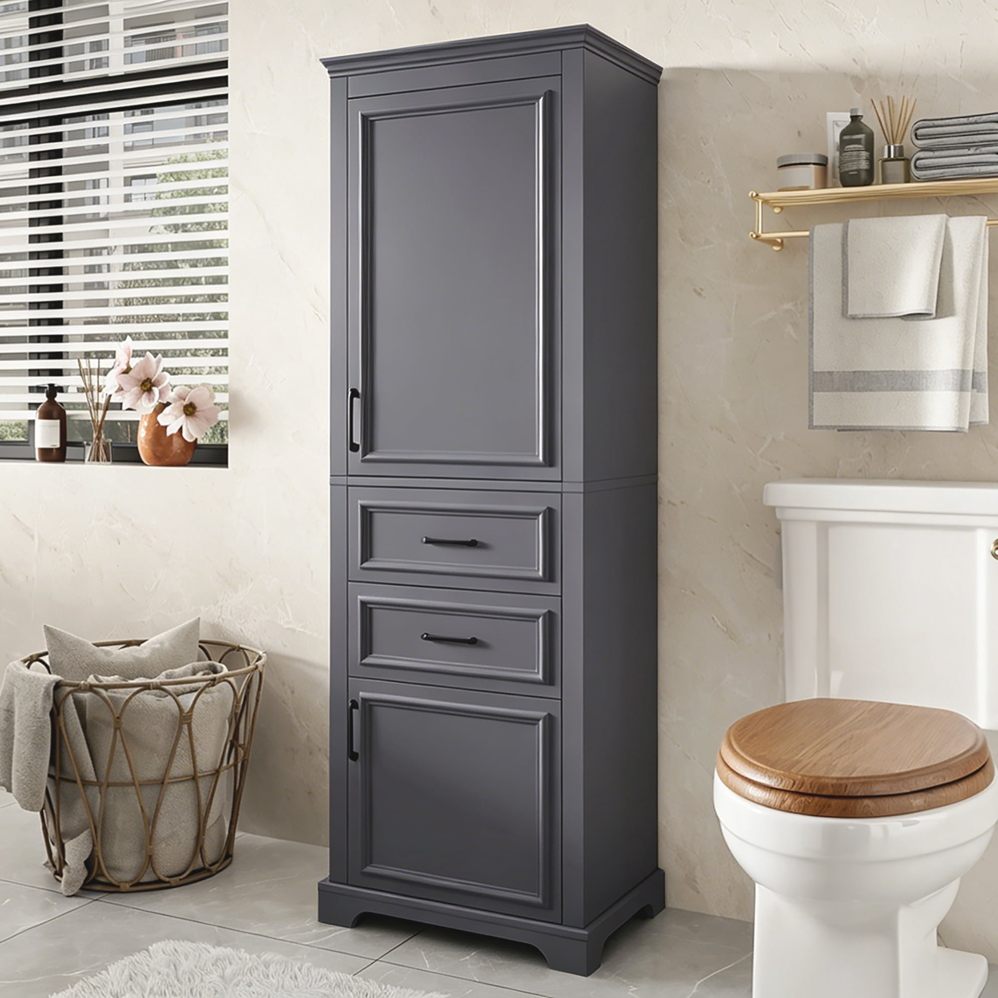 Leumius 71" Tall Freestanding Bathroom Vanity with Damping-Hinge Doors, 2 Drawers, Adjustable Shelf, Anti-Tip Design, Modern Charcoal Gray Finish