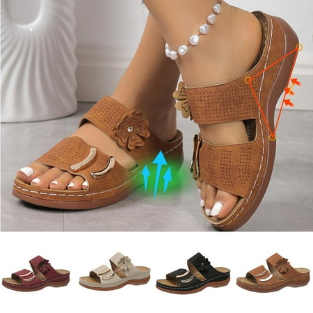 

Women s Plus Size Summer Casual Solid Color Flip-flops Beach Wedge Toe Fish Mouth Sandals Brown qILAKOG Size 4.5