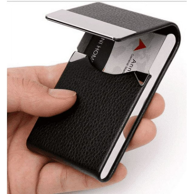 Estuche elegante de metal para tarjetas de visita, tarjetero de piel con cierre magnético para hombres y mujeres, monedero compacto para tarjetas profesionales, color negro