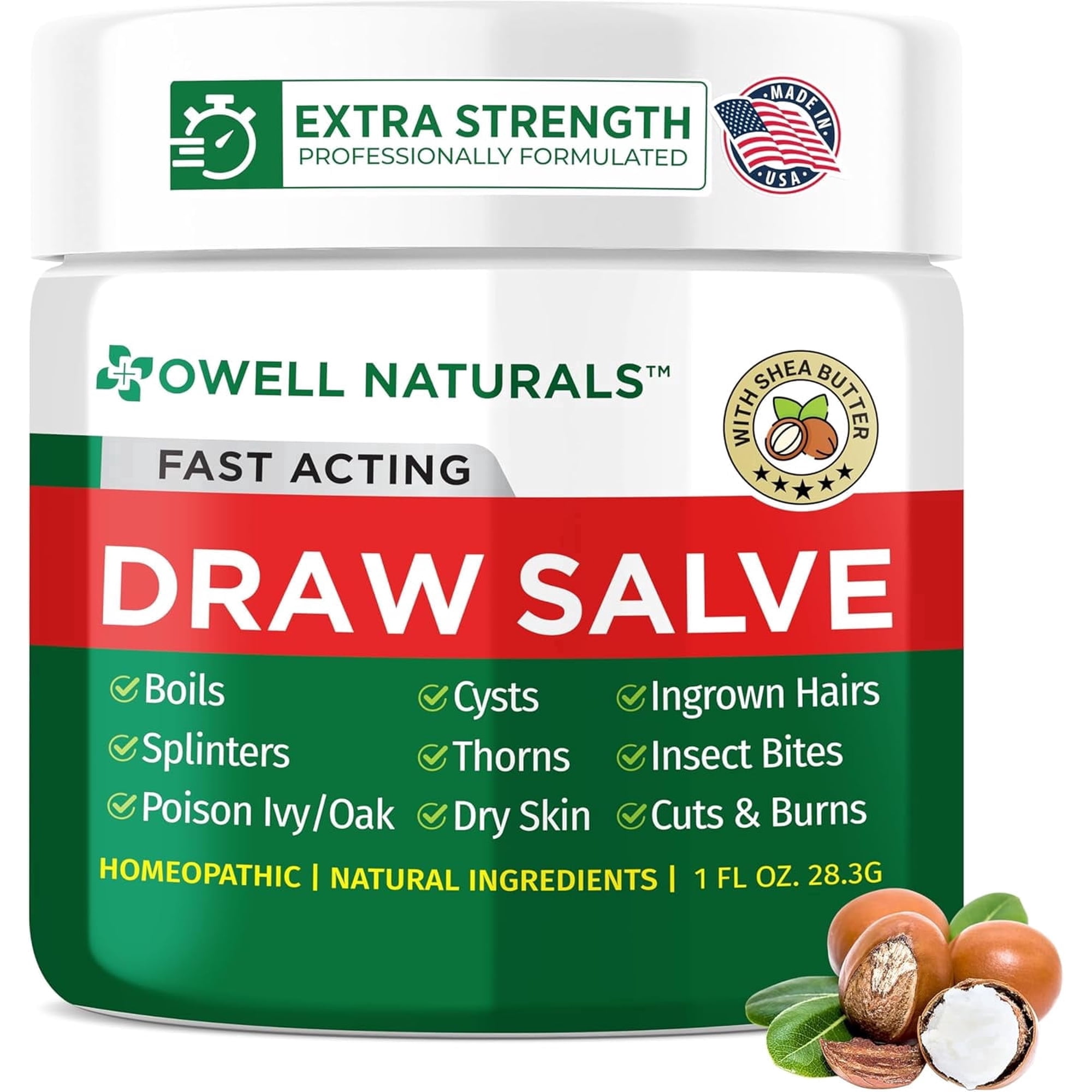 Owell Naturals Drawing Salve Ointment, 1 fl oz, with Pure Shea Butter, Skin Care and First Aid Salve