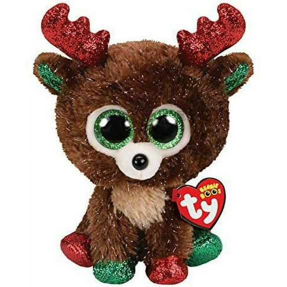 TY Beanie Boos - FUDGE the Christmas Reindeer (Glitter Eyes)(6" Plush)(BONUS 1 FUN CHOPS & 1 RANDOM TY ERASER)