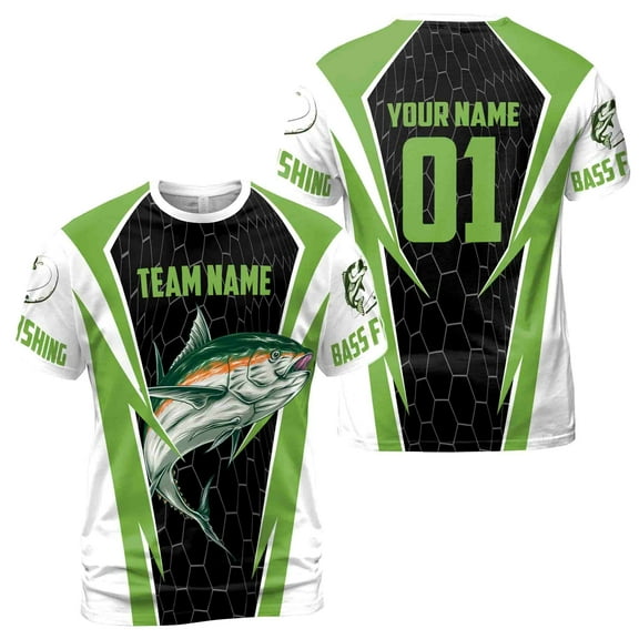 Custom Name Team Name Number Green Bass Fishing 3D T-Shirt S-5XL