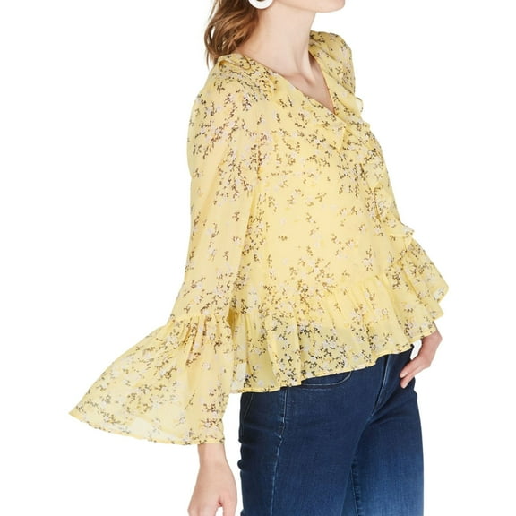 I.N.C Womens Floral-Print Ruffled Blouse, Yellow, X-Small