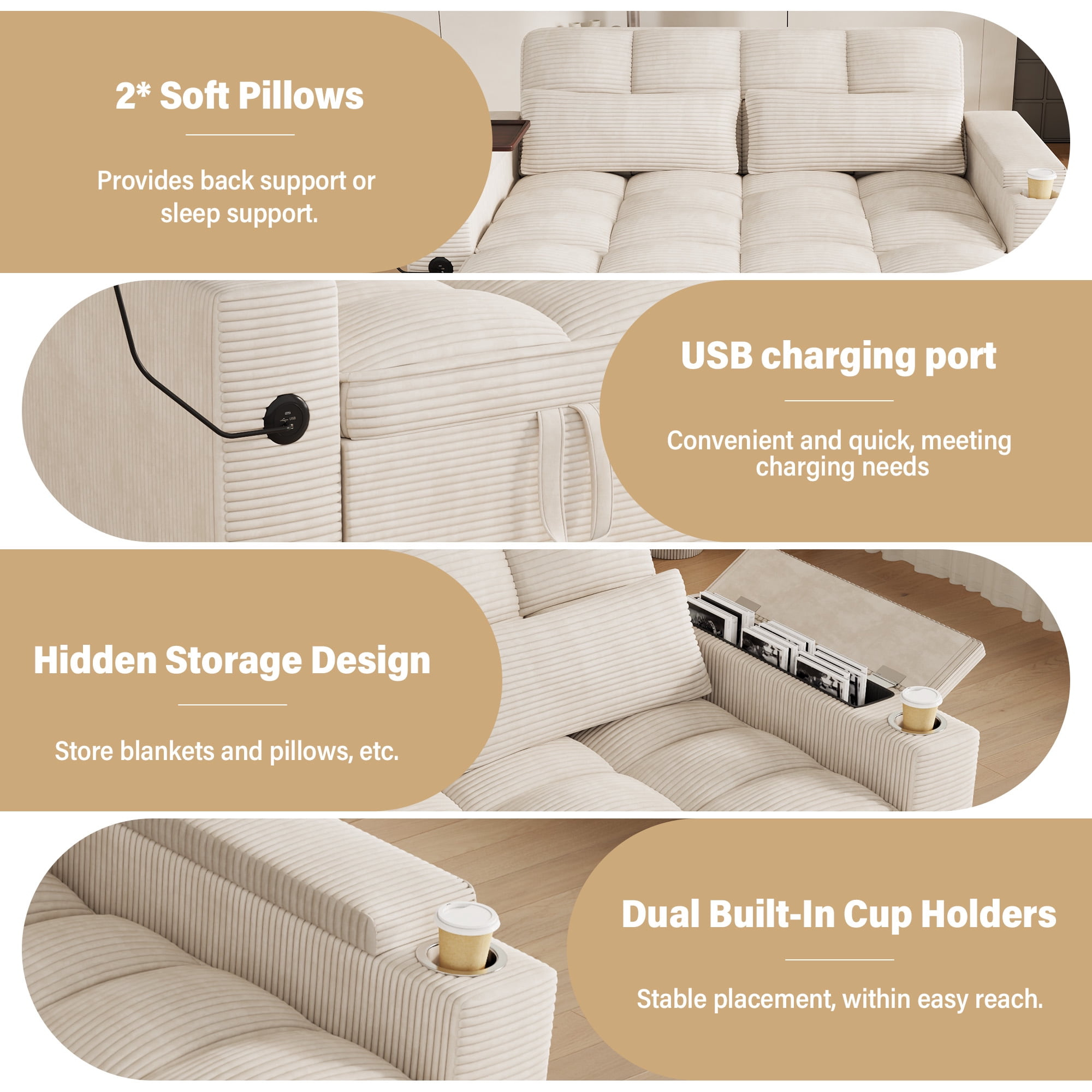 Aukfa 65"W Convertible Sofa Bed with Storage, 3-in-1 Corduroy Queen Sleeper Sofa Couch with 360° Swivel Side Table & USB /Type-C Ports,Beige
