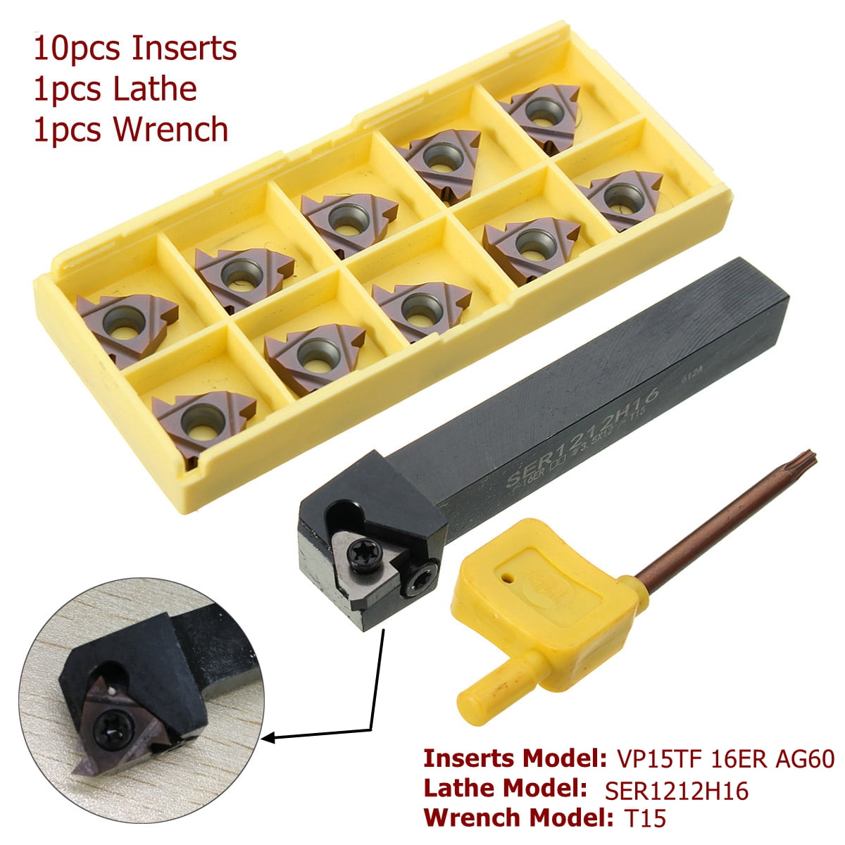 10Pcs Threading Insert SER1212H16 Lathe CNC Cutting Tool Holder With Wrench