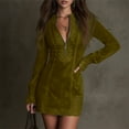 thumbnail image 4 of IWRICH Suede Mini Dress V-Neck Zip-Up Western Cowgirl Dress Long Sleeve Suede Dresses Vintage Western Dresses Dark Green XL, 4 of 5